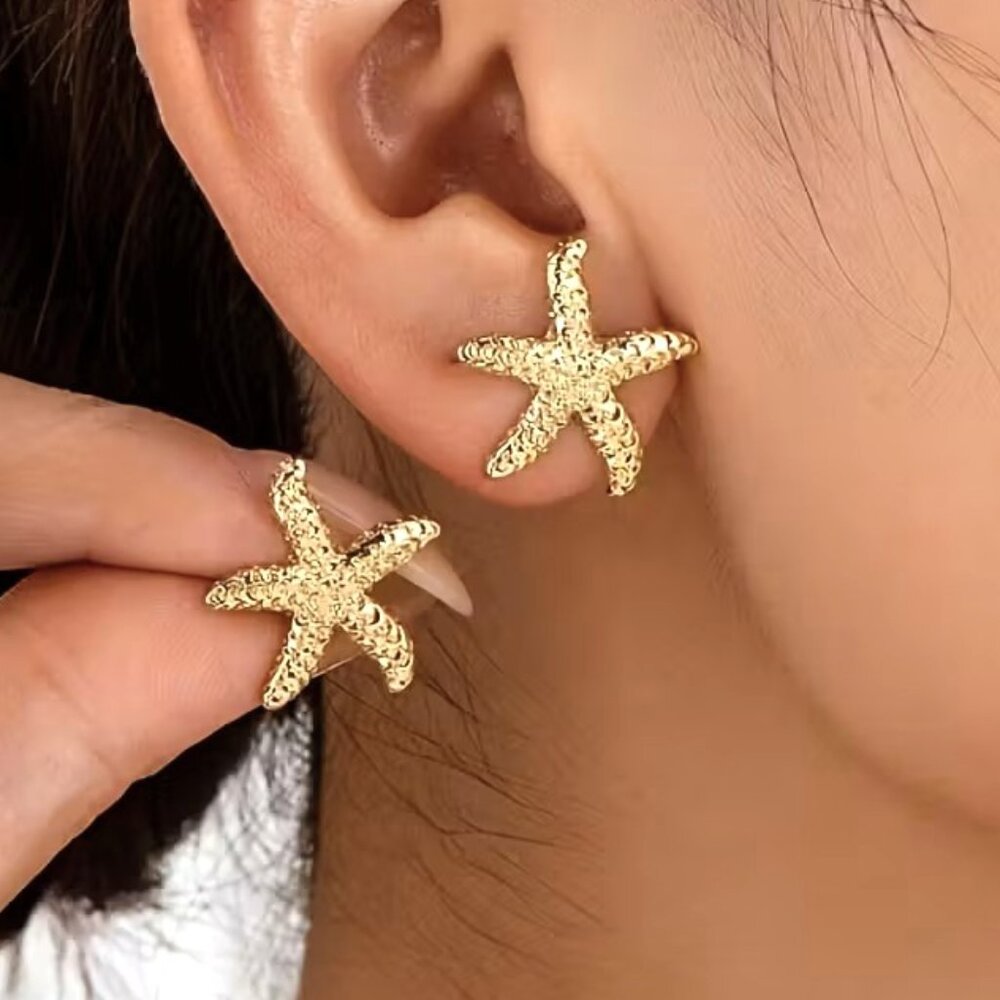 Earrings Starfish Gold Textured Stylish Trendy Beach Vacation Tropical Glam Fun